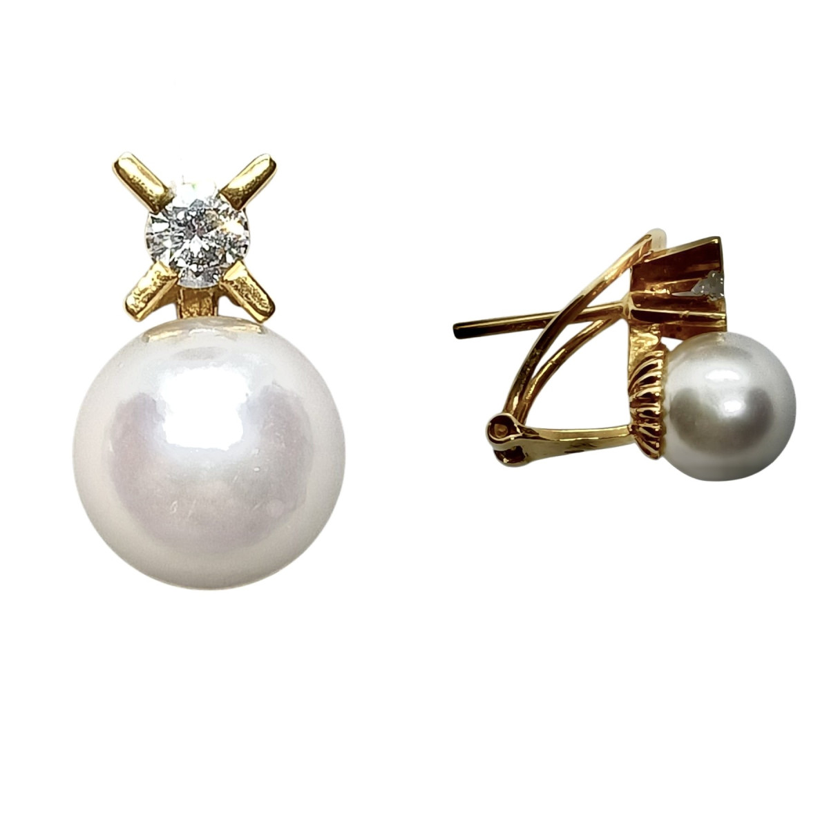 Pendientes tú y yo, oro amarillo con diamantes y perlas