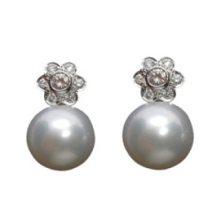 Pendientes con forma de rosetón tú y yo, oro blanco con diamantes y perlas australianas