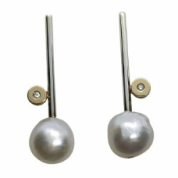 Pendientes de plata y oro con perla natural cultivada Australiana y diamantes
