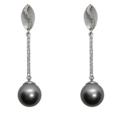 Pendientes largos de oro blanco con perla gris de Tahití y diamantes