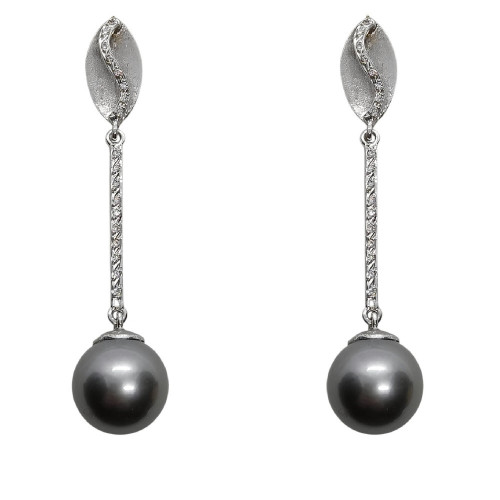Pendientes largos de oro blanco con perla gris de Tahití y diamantes