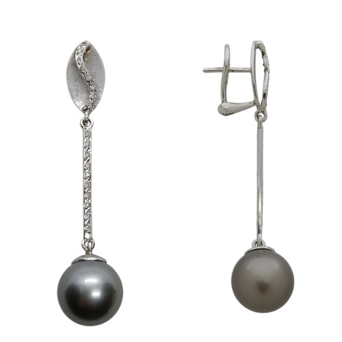 Pendientes largos de oro blanco con perla gris de Tahití y diamantes