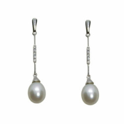 Pendientes largos de oro blanco con perla  y diamantes