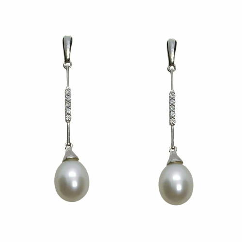 Pendientes largos de oro blanco con perla  y diamantes