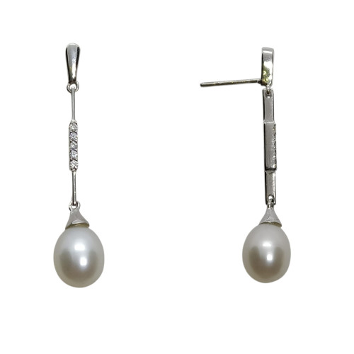 Pendientes largos de oro blanco con perla  y diamantes