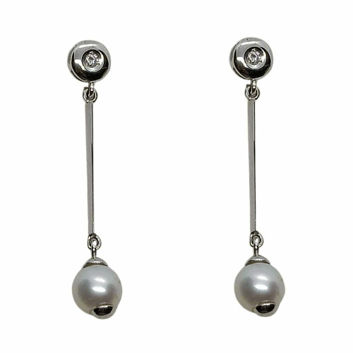 Pendientes largos de oro blanco con perla  y diamantes