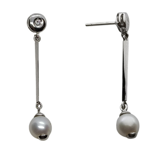 Pendientes largos de oro blanco con perla  y diamantes