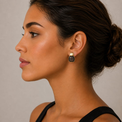 Pendientes de oro amarillo con cuarzo fumé