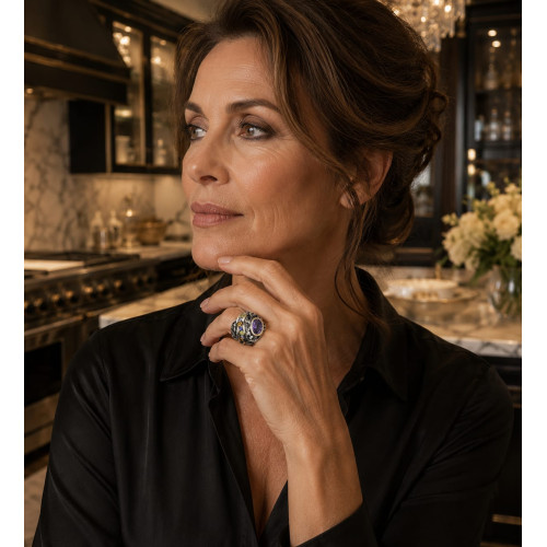 Anillo de plata y oro con turmalinas y amatista