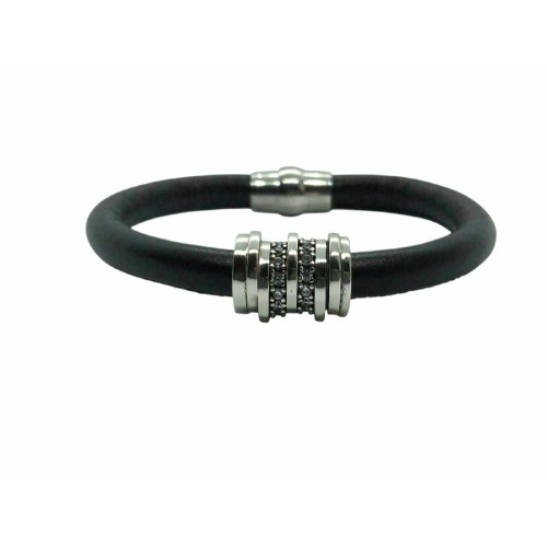 PULSERA DE PLATA Y CUERO CON CIRCONITAS