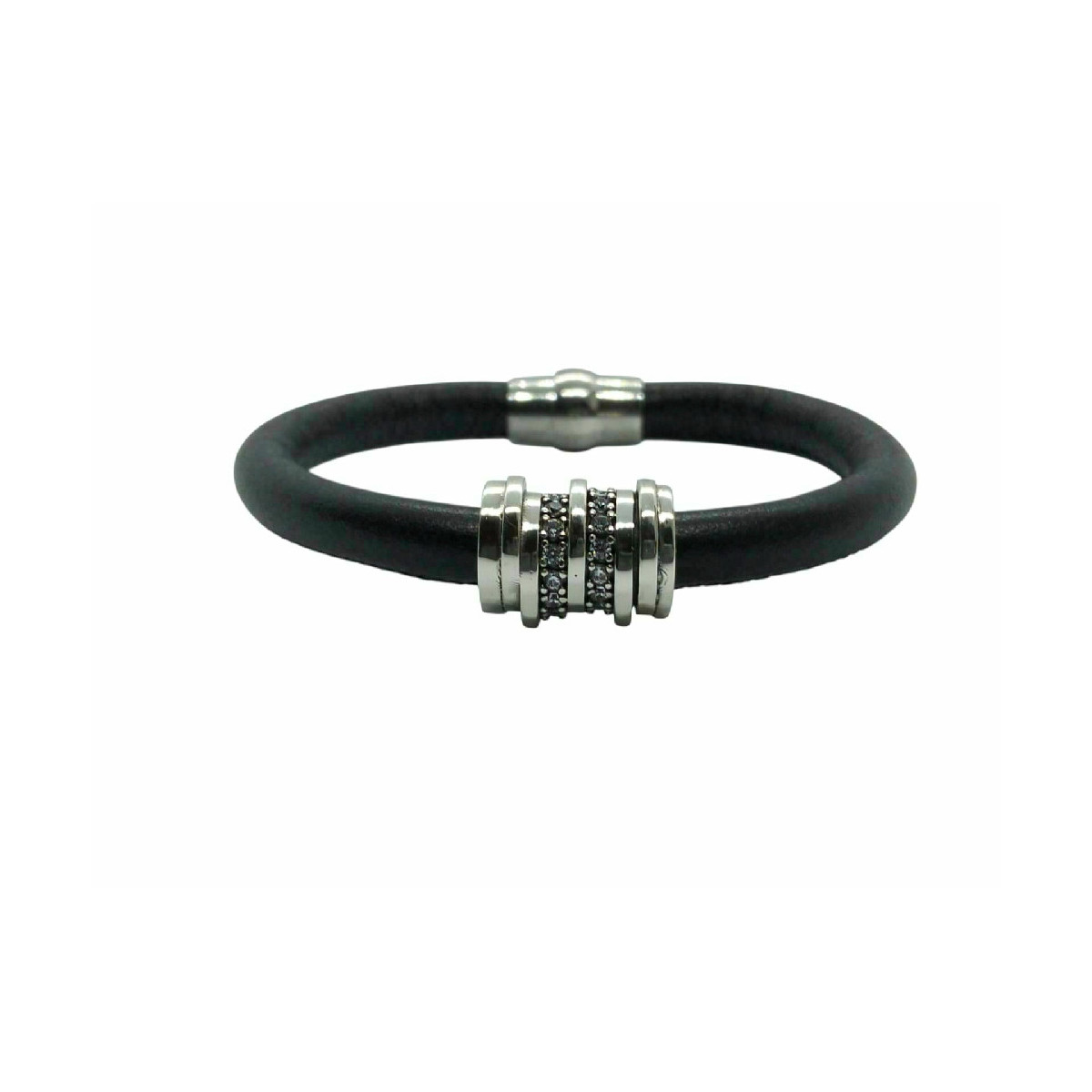 PULSERA DE PLATA Y CUERO CON CIRCONITAS
