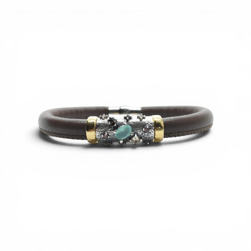 PULSERA DE PLATA Y CUERO CON CIRCONITAS