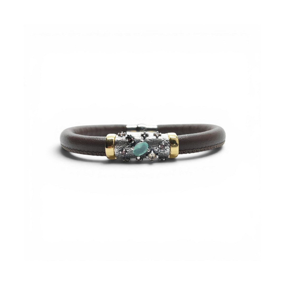 PULSERA DE PLATA Y CUERO CON CIRCONITAS