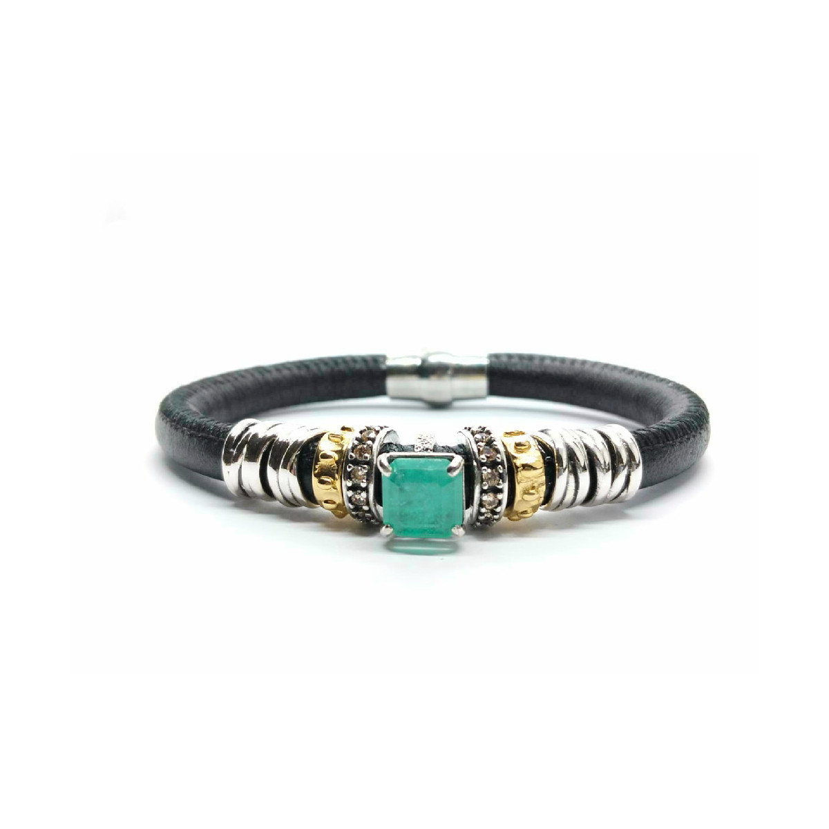 PULSERA DE PLATA Y CUERO CON CIRCONITAS