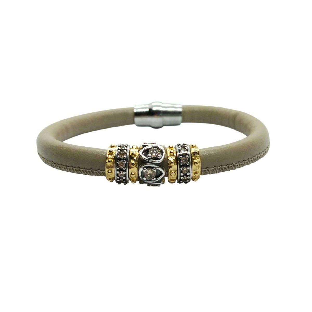 PULSERA DE PLATA Y CUERO CON CIRCONITAS