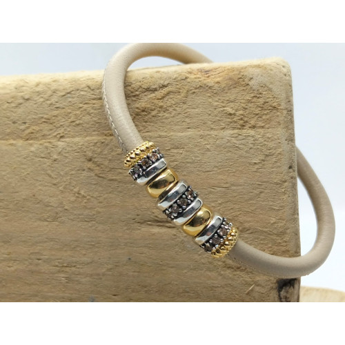 PULSERA DE PLATA Y CUERO CON CIRCONITAS