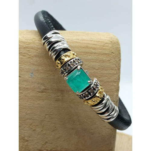 PULSERA DE PLATA Y CUERO CON CIRCONITAS