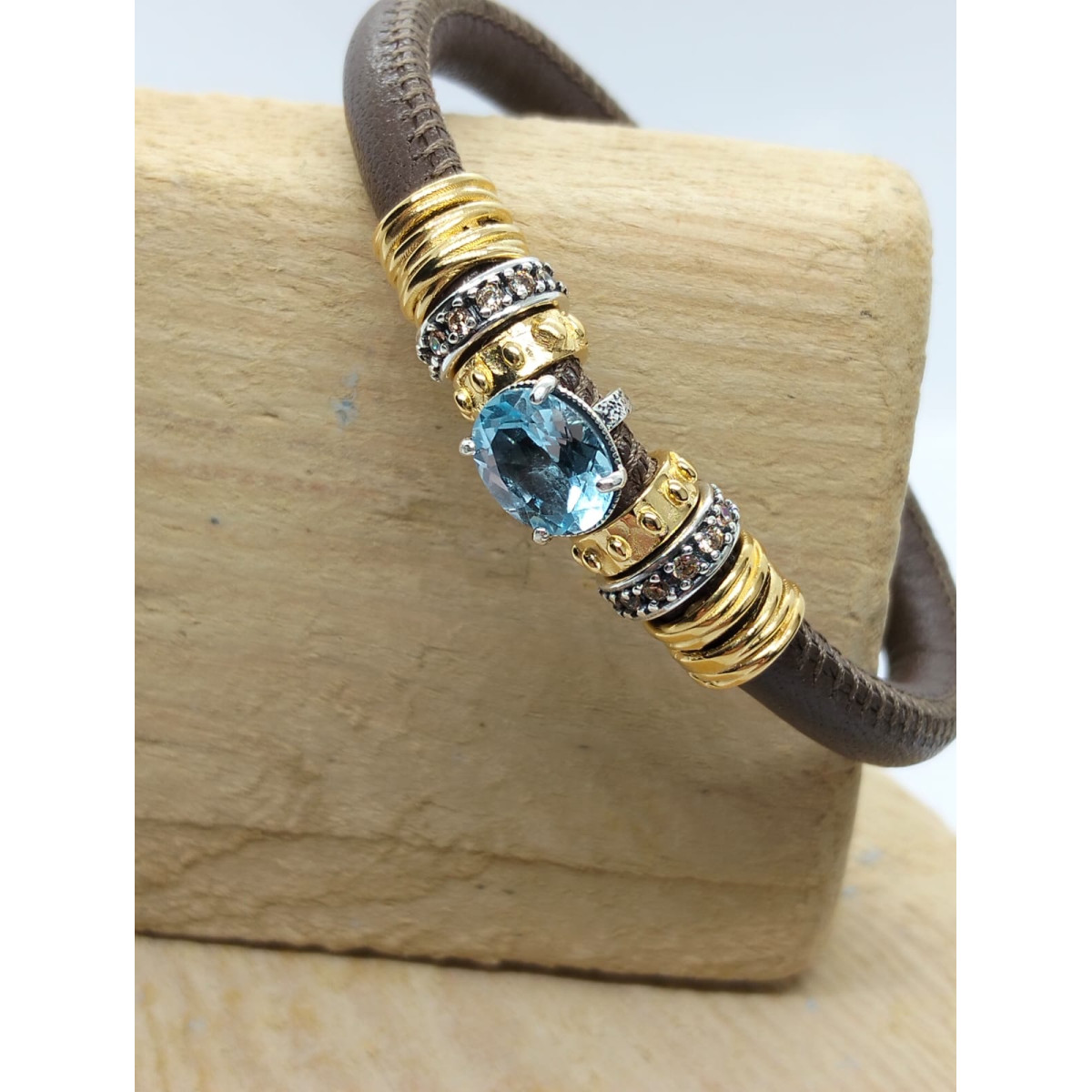 PULSERA DE PLATA Y CUERO CON CIRCONITAS