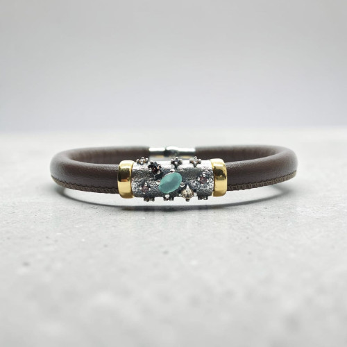 PULSERA DE PLATA Y CUERO CON CIRCONITAS