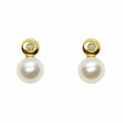 Pendientes de oro amarillo estilo Tú y Yo con Perla natural cultivada y diamante