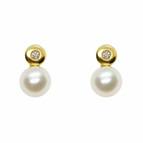 Pendientes de oro amarillo estilo Tú y Yo con Perla natural cultivada y diamante