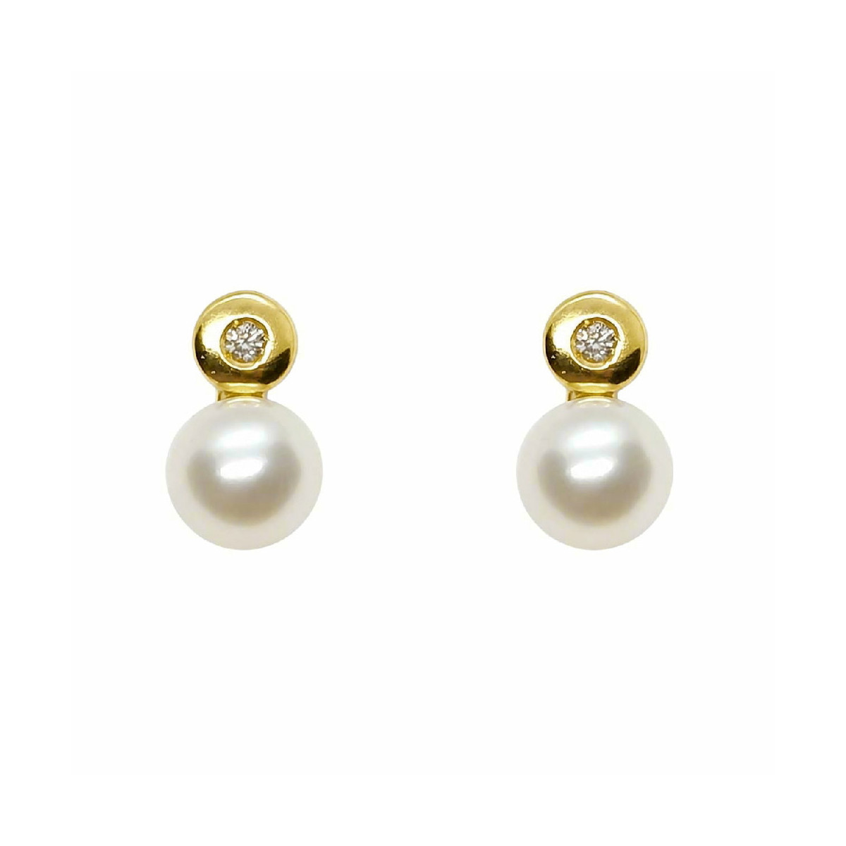 Pendientes de oro amarillo estilo Tú y Yo con Perla natural cultivada y diamante