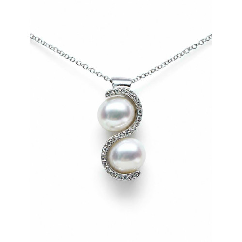Colgante con cadena de  oro blanco con diamantes y perlas