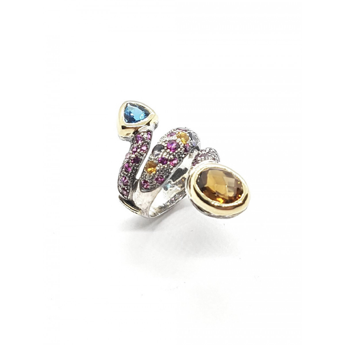 Anillo en forma de serpiente con plata y oro, turmalinas, citrino y topacio