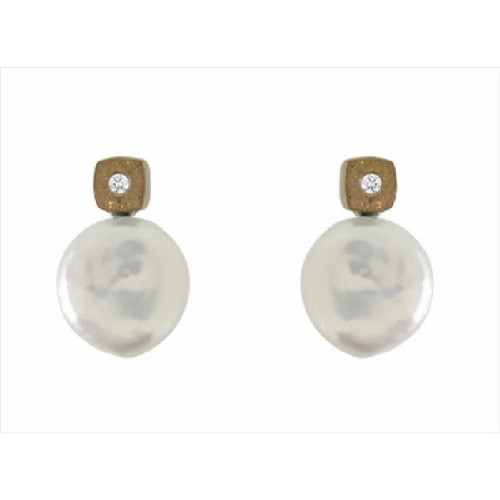 Pendientes de plata y oro con perla natural cultivada y diamante