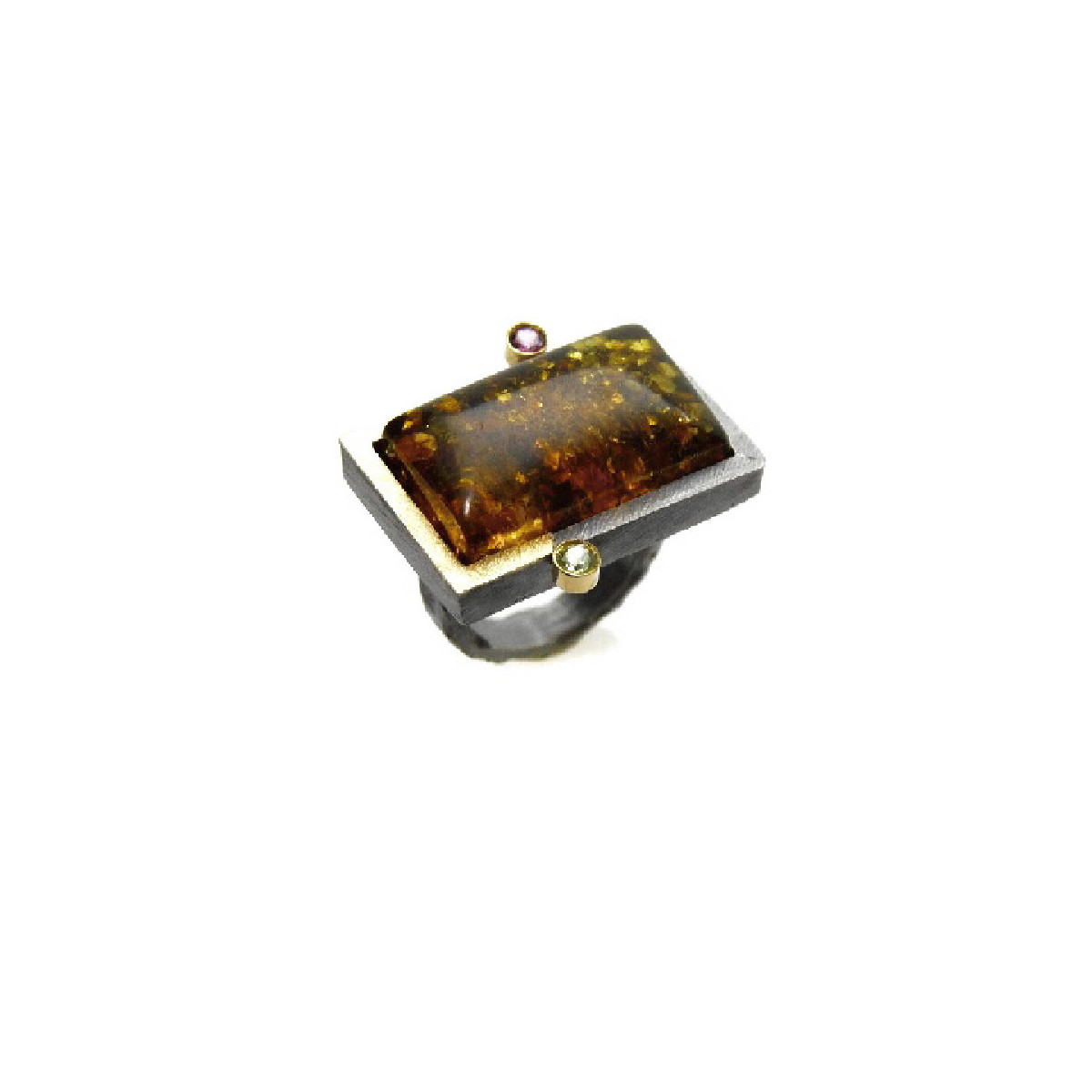 Anillo de plata y oro con ámbar, turmalina y peridoto