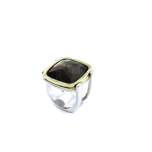 Anillo de plata y oro con cuarzo fumé