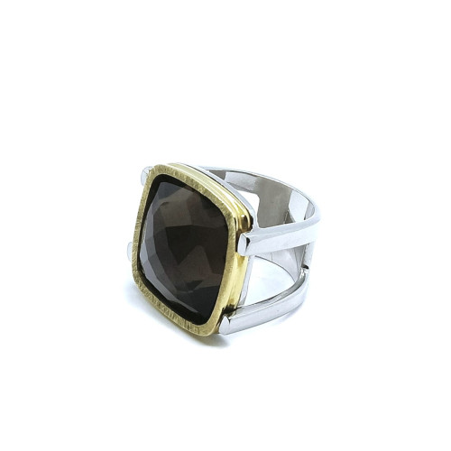 Anillo de plata y oro con cuarzo fumé