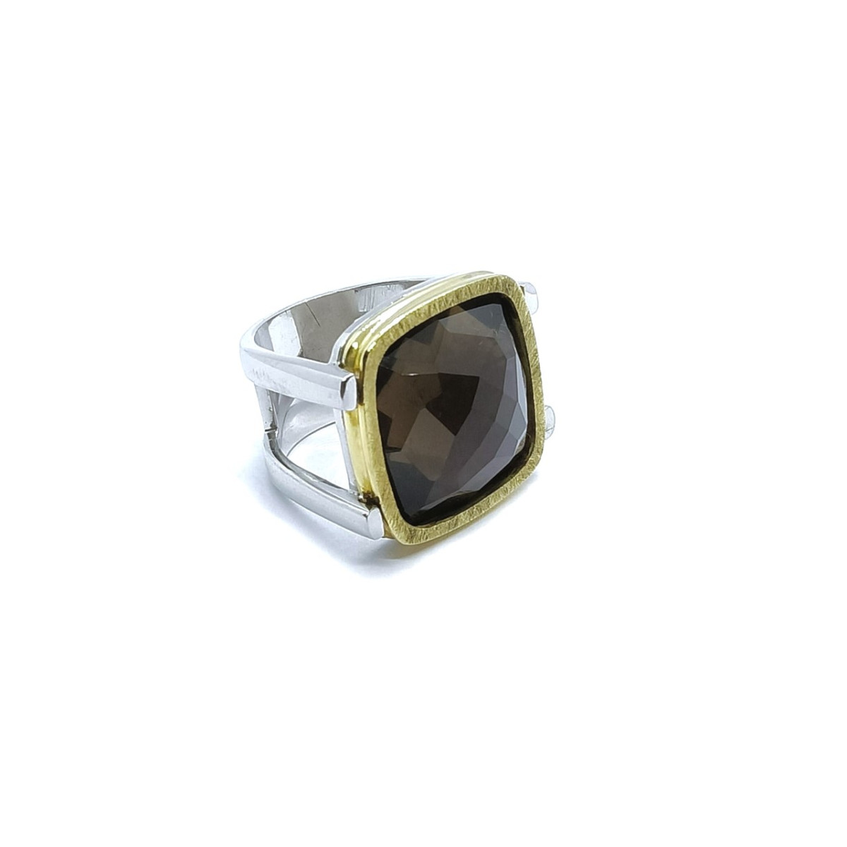 Anillo de plata y oro con cuarzo fumé