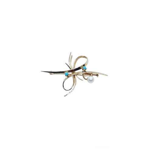 Broche de oro con perlas y turquesas