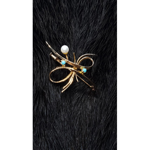 Broche de oro con perlas y turquesas