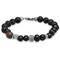 Pulsera articulada de plata, madera y piedra volcánica