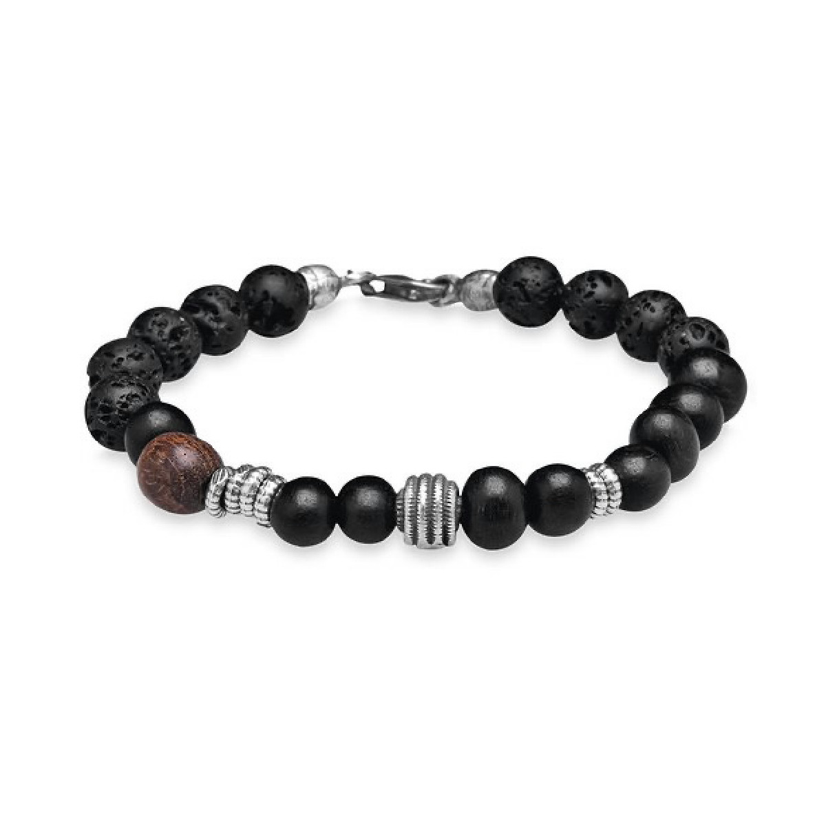 Pulsera articulada de plata, madera y piedra volcánica