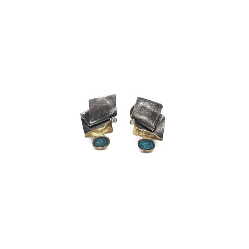 Pendientes de plata y oro amarillo con ópalo y diamantes
