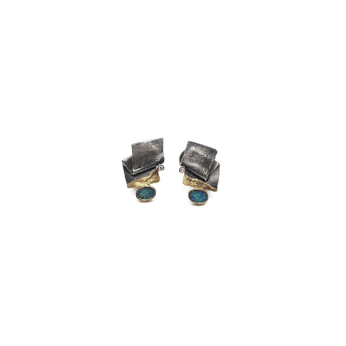 Pendientes de plata y oro amarillo con ópalo y diamantes