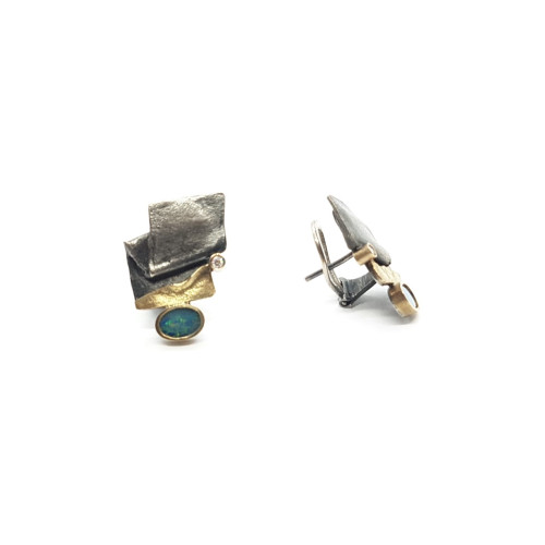 Pendientes de plata y oro amarillo con ópalo y diamantes