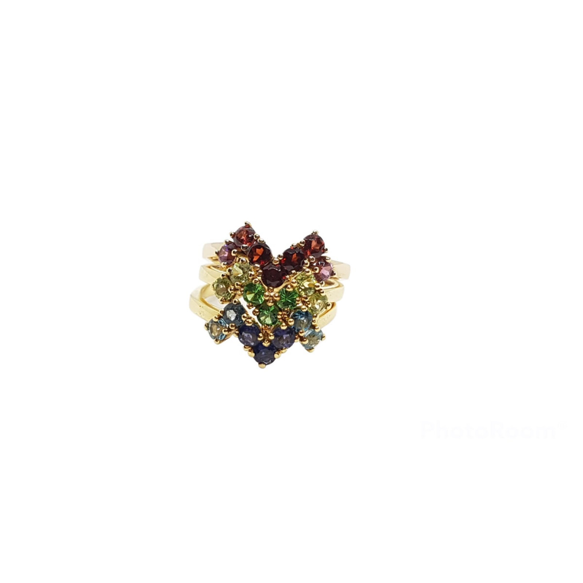 anillo de oro amarillo con turmalinas y granates