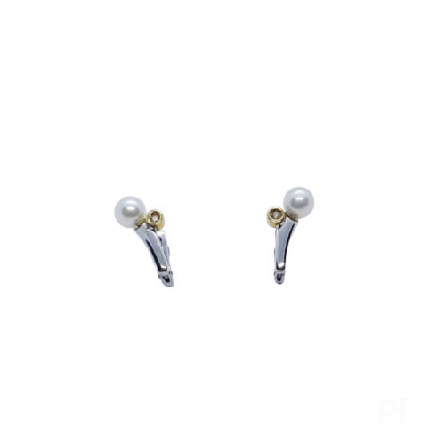 Pendientes de plata y oro amarillo con diamantes y perla natural cultivada