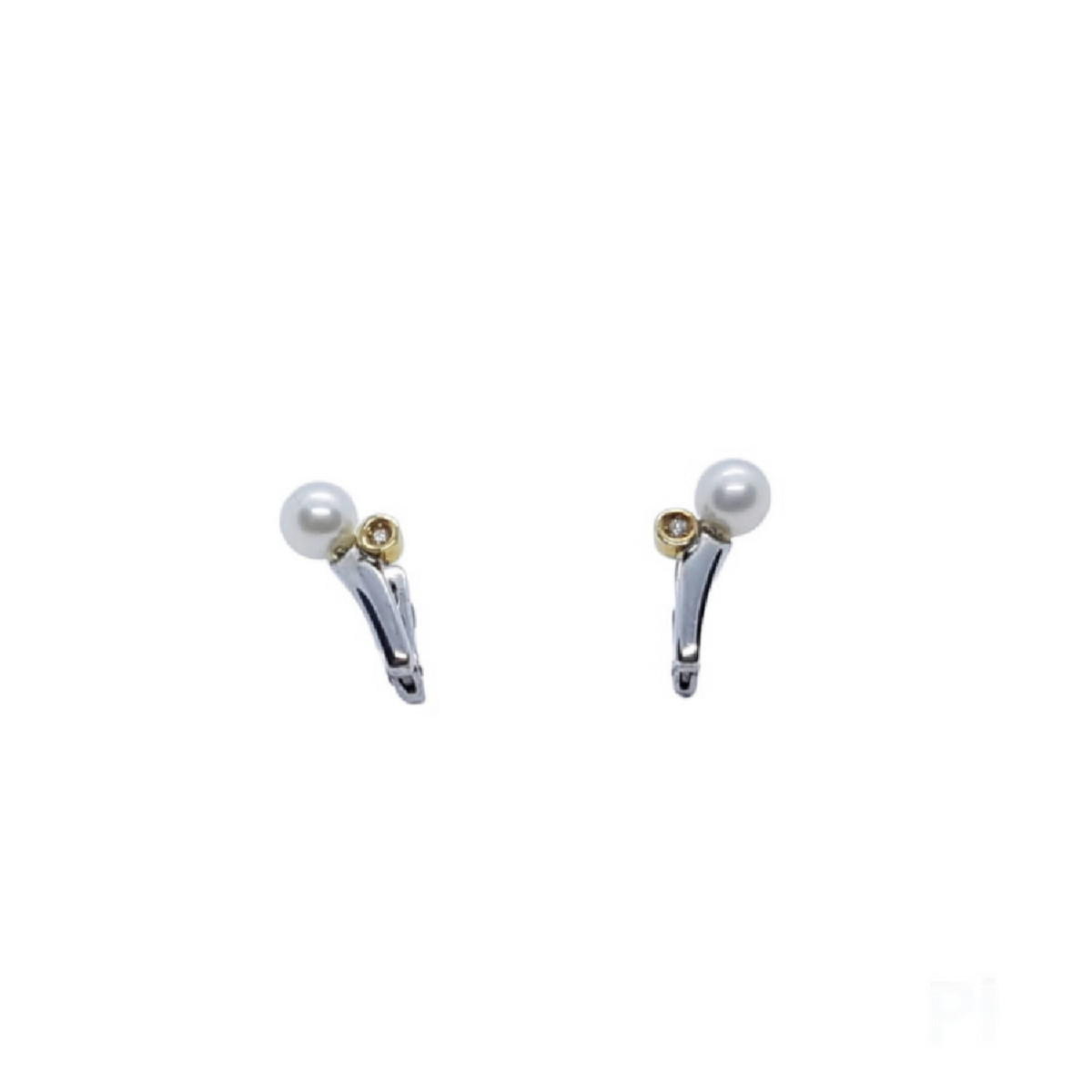 Pendientes de plata y oro amarillo con diamantes y perla natural cultivada
