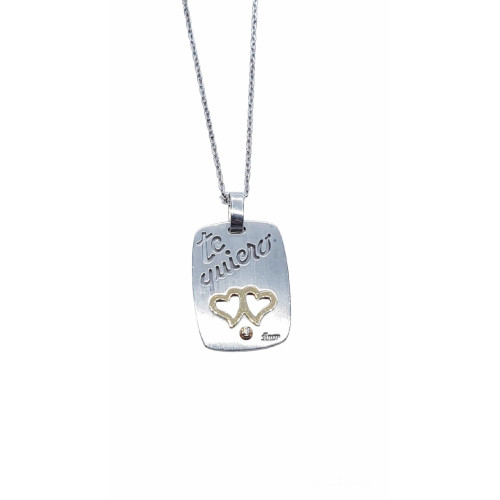 Gargantilla de plata y oro amarillo con diamante y corazones