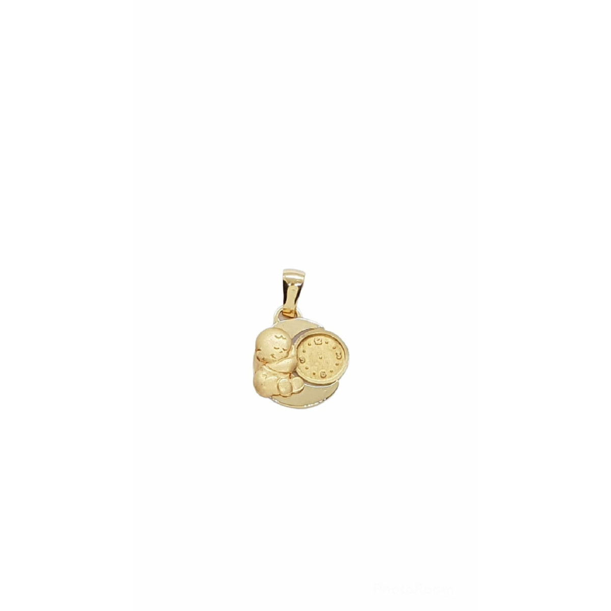 Colgante de oro amarillo con forma de bebé y reloj para grabar la hora de nacimiento