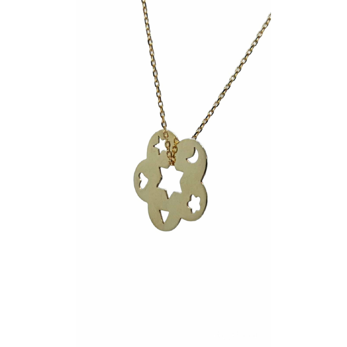 Colgante de oro amarillo, luna, estrellas, corazón y triángulo