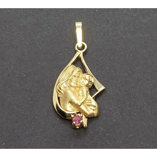 Colgante de oro amarillo con forma de mujer y bebé más rubí