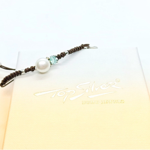 Pulsera de plata con macramé, perla y circonitas