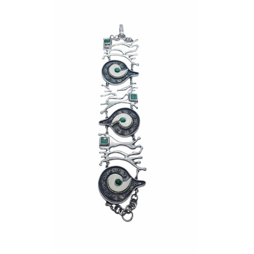 Pulsera artículada de plata, malaquita y marfil