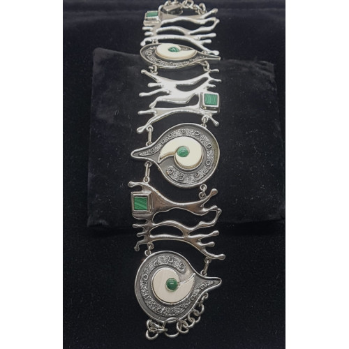 Pulsera artículada de plata, malaquita y marfil